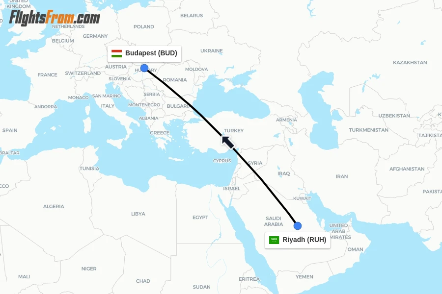 Flights from Riyadh to Budapest route map