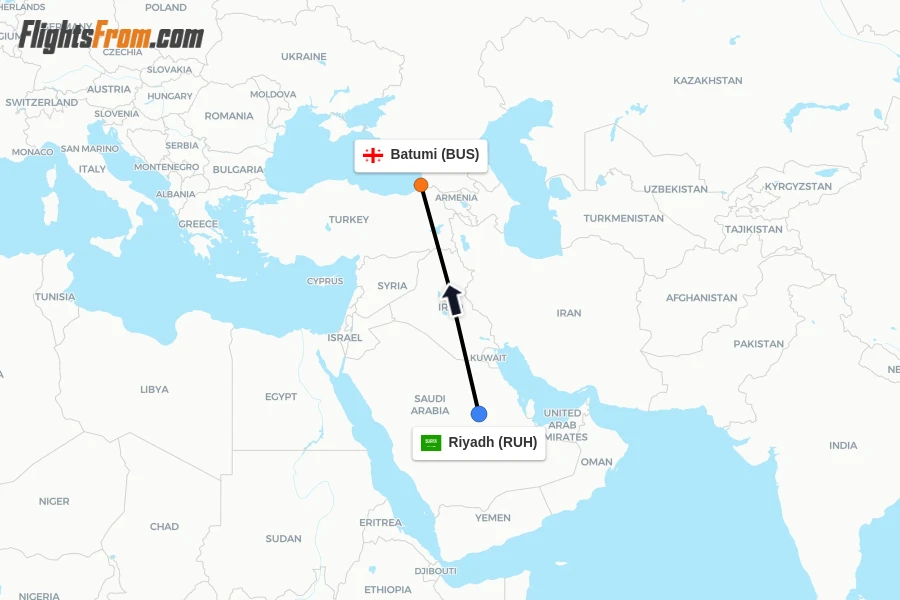 Flights from Riyadh to Batumi route map