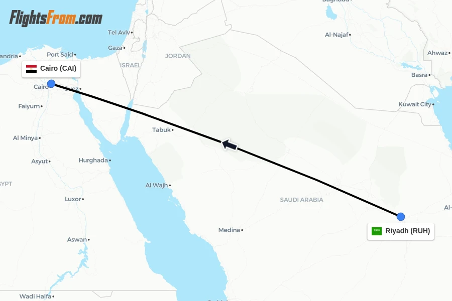 Flights from Riyadh to Cairo route map