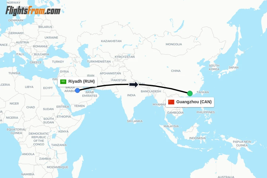 Flights from Riyadh to Guangzhou route map