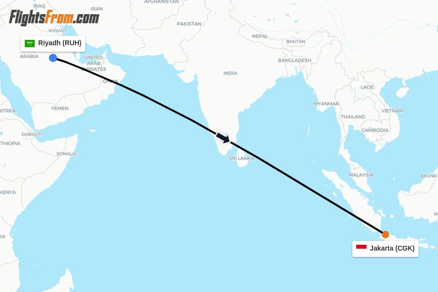 Flights from Riyadh to Jakarta route map