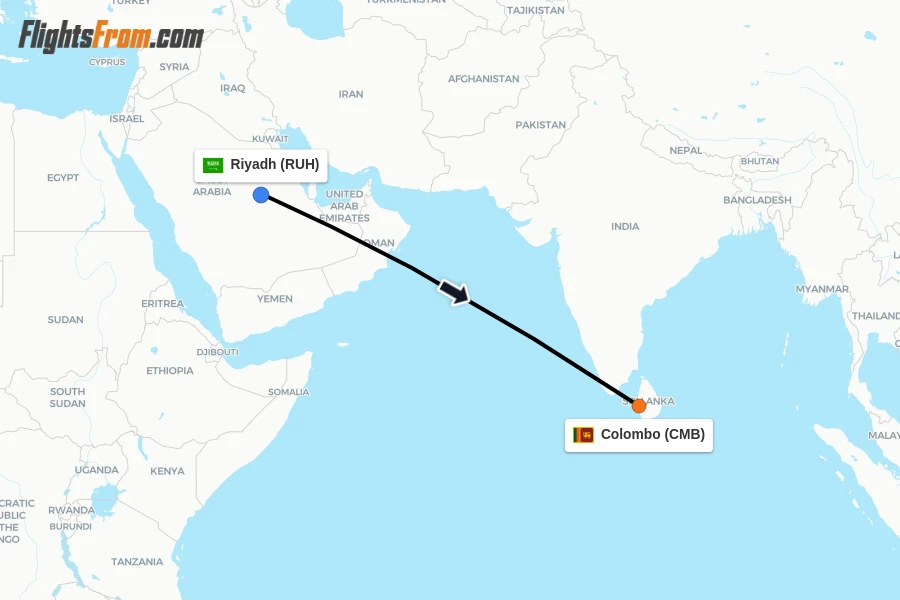 Flights from Riyadh to Colombo route map