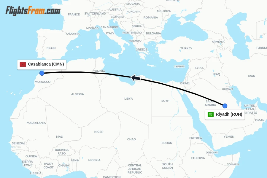 Flights from Riyadh to Casablanca route map