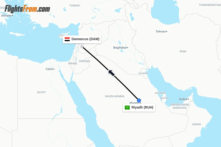 Flights from Riyadh to Damascus route map
