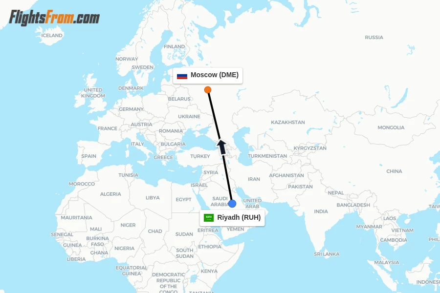 Flights from Riyadh to Moscow route map