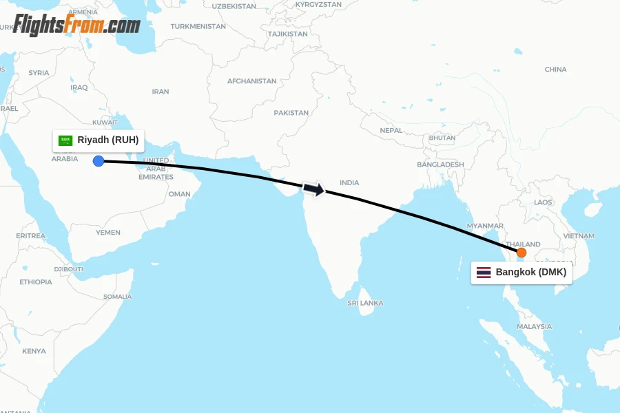 Flights from Riyadh to Bangkok route map