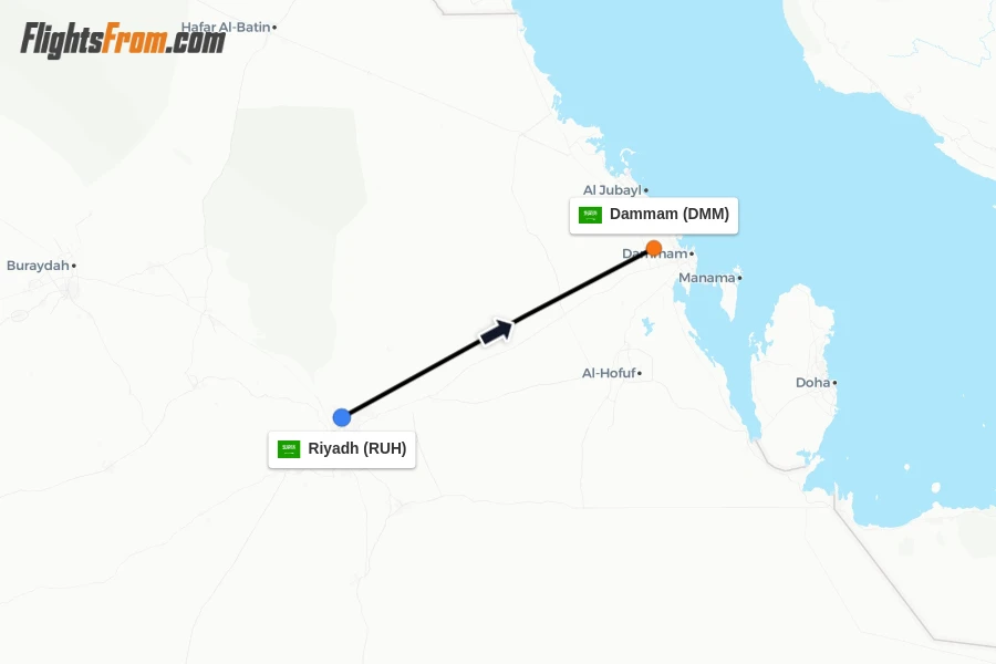 Flights from Riyadh to Dammam route map