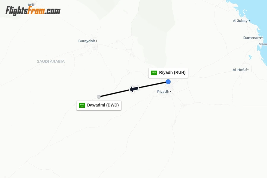 Flights from Riyadh to Dawadmi route map