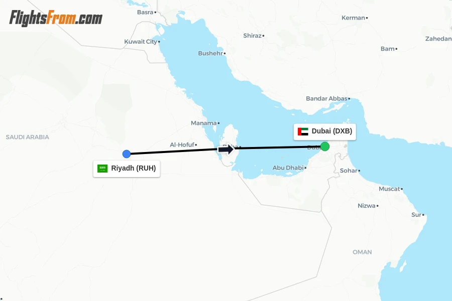 Flights from Riyadh to Dubai route map
