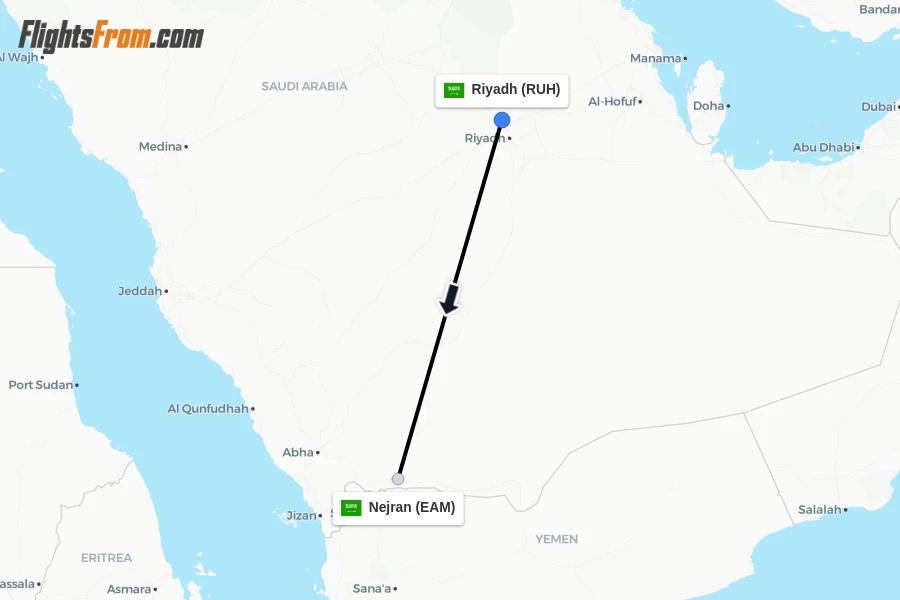 Flights from Riyadh to Nejran route map