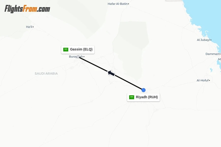 Flights from Riyadh to Gassim route map