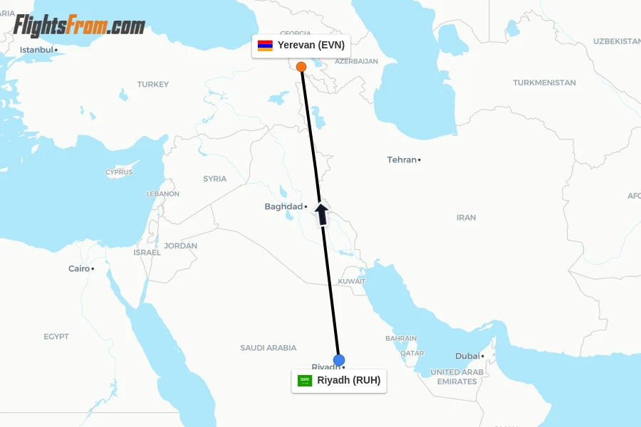 Flights from Riyadh to Yerevan route map