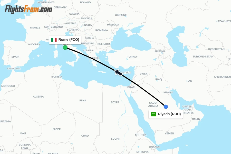 Flights from Riyadh to Rome route map