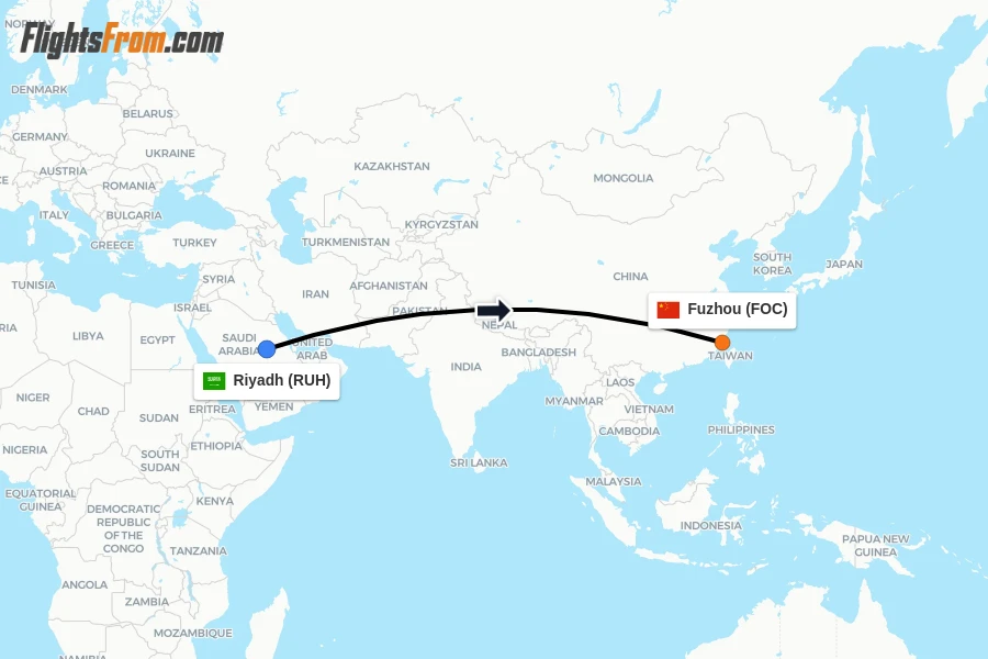 Flights from Riyadh to Fuzhou route map