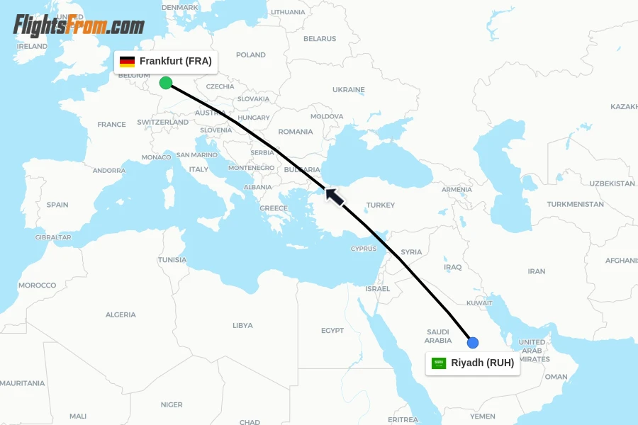 Flights from Riyadh to Frankfurt route map