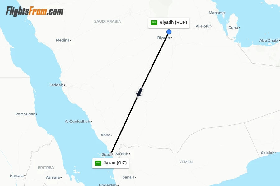 Flights from Riyadh to Jazan route map