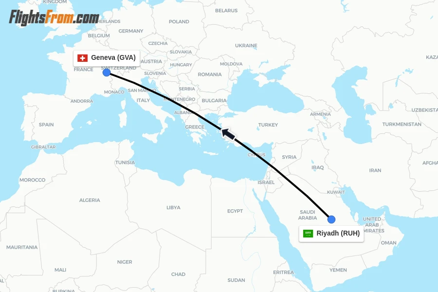 Flights from Riyadh to Geneva route map