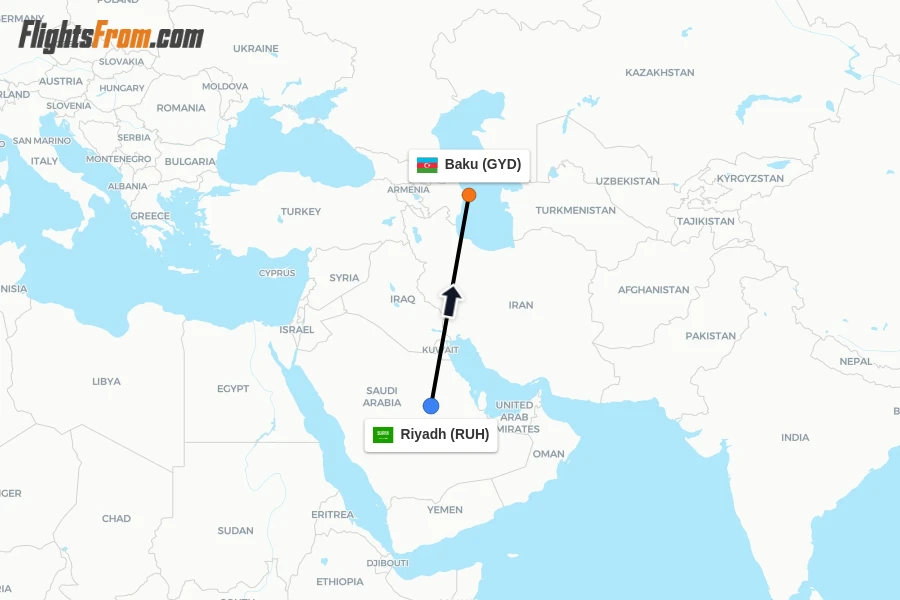 Flights from Riyadh to Baku route map