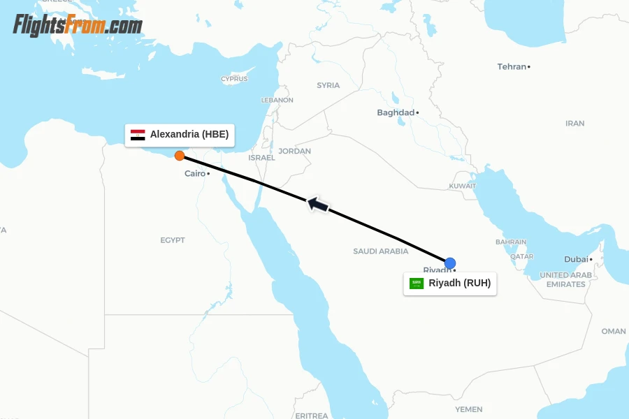 Flights from Riyadh to Alexandria route map