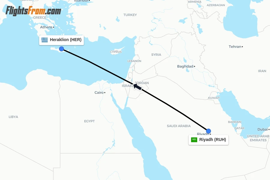 Flights from Riyadh to Heraklion route map