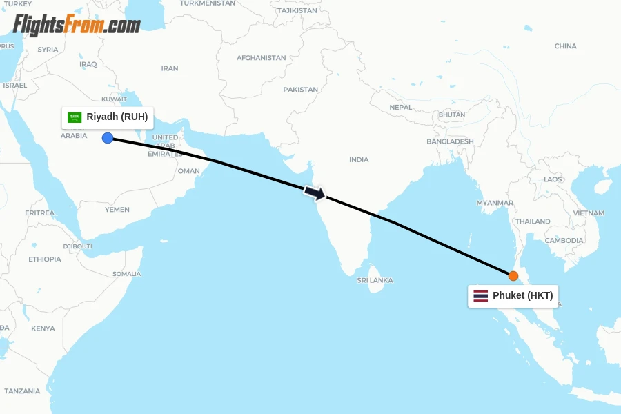Flights from Riyadh to Phuket route map