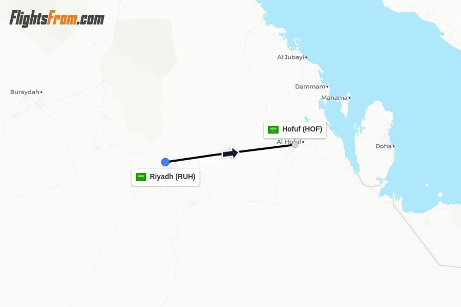 Flights from Riyadh to Hofuf route map