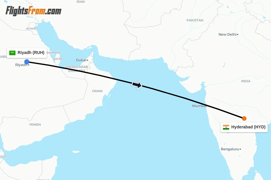 Flights from Riyadh to Hyderabad route map
