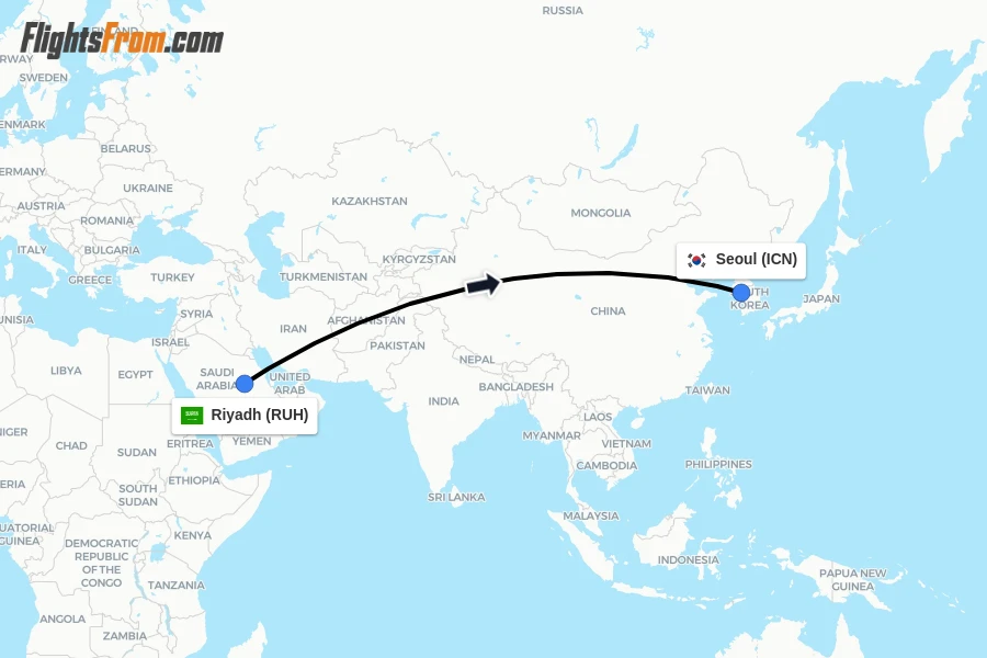 Flights from Riyadh to Seoul route map