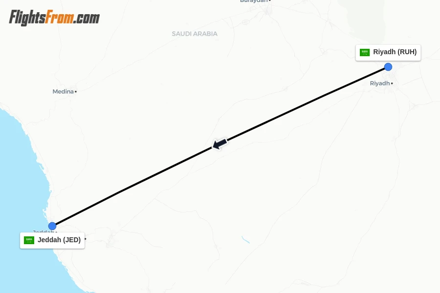 Flights from Riyadh to Jeddah route map