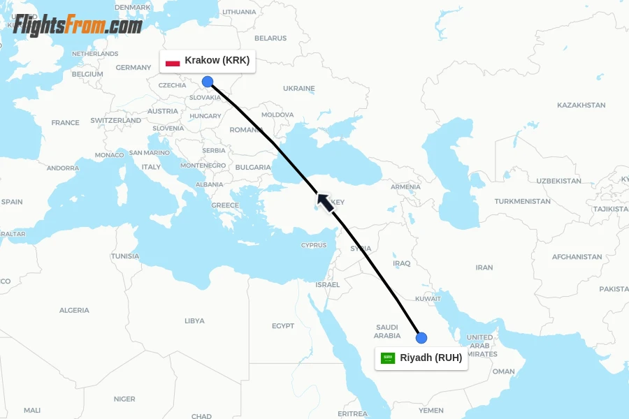 Flights from Riyadh to Krakow route map
