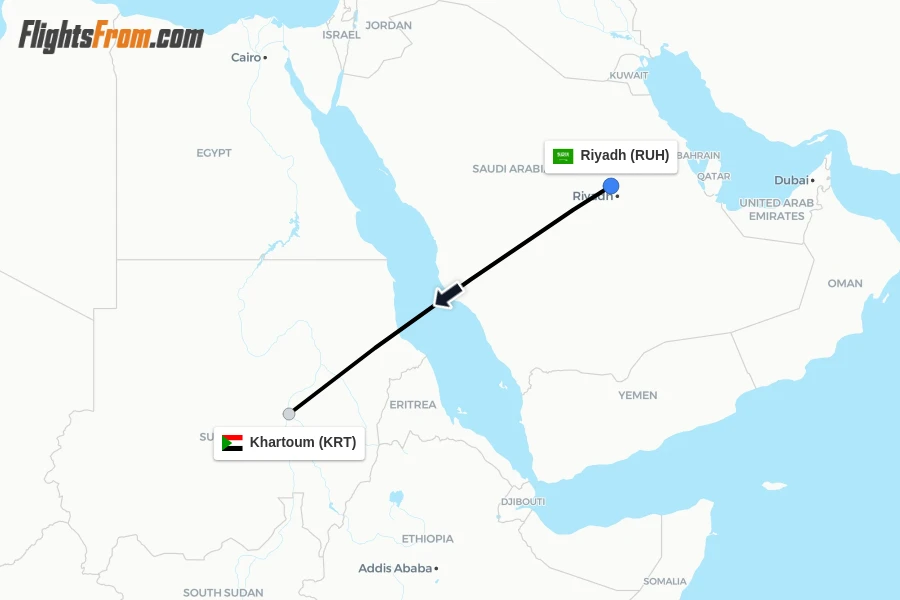 Flights from Riyadh to Khartoum route map
