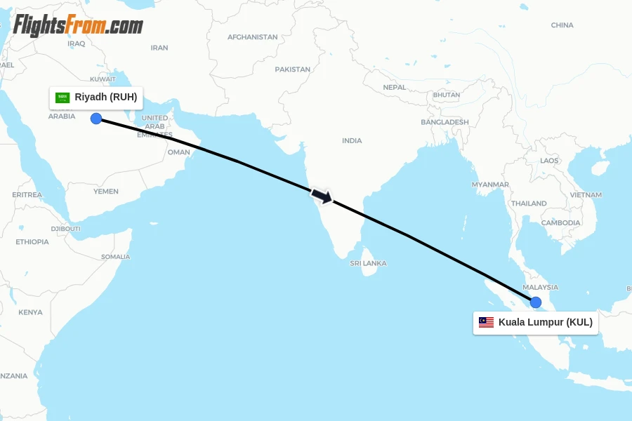 Flights from Riyadh to Kuala Lumpur route map