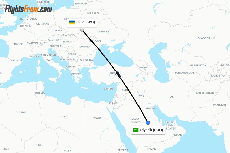 Flights from Riyadh to Lviv route map