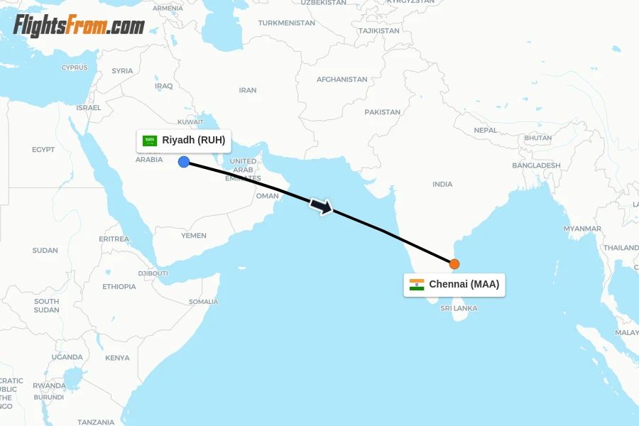 Flights from Riyadh to Chennai route map