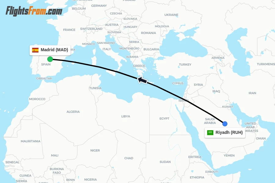 Flights from Riyadh to Madrid route map