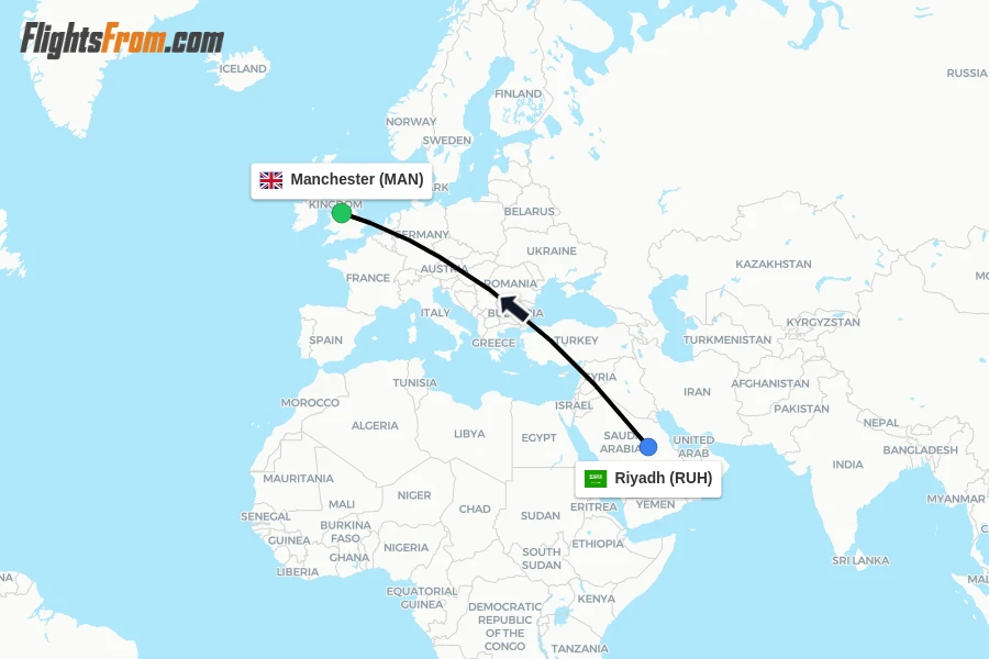 Flights from Riyadh to Manchester route map
