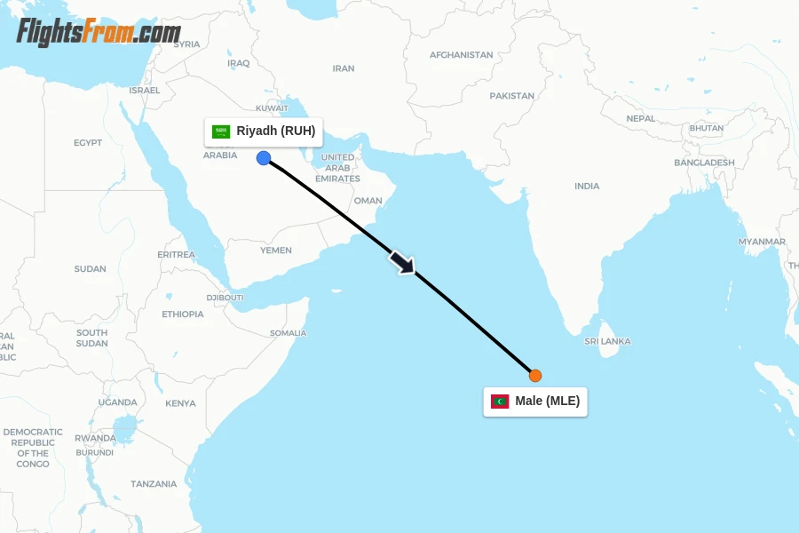 Flights from Riyadh to Male route map