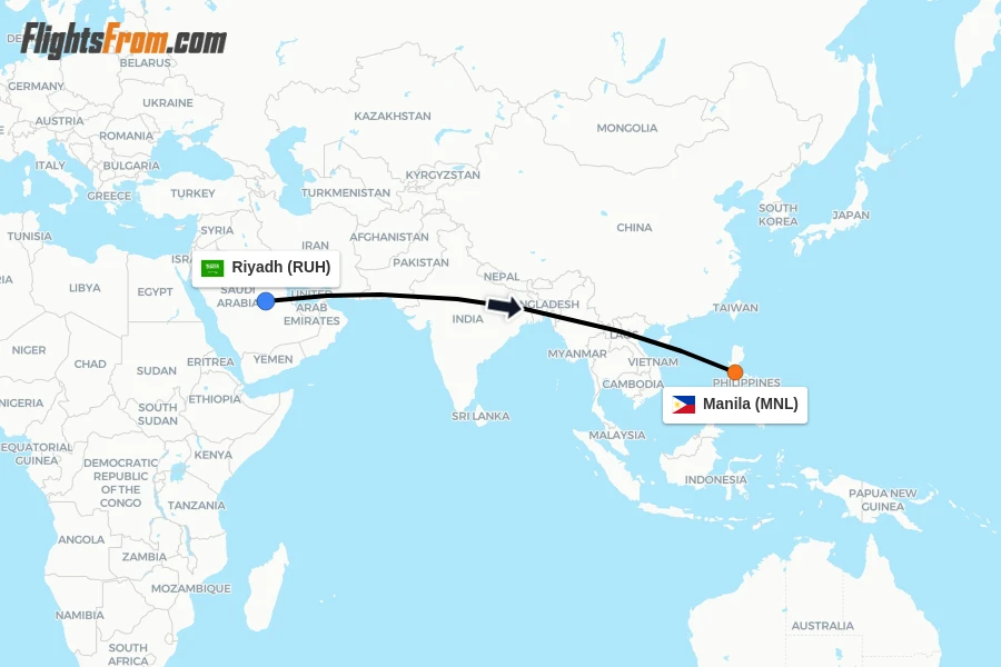 Flights from Riyadh to Manila route map