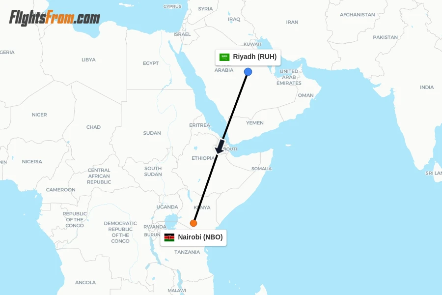 Flights from Riyadh to Nairobi route map