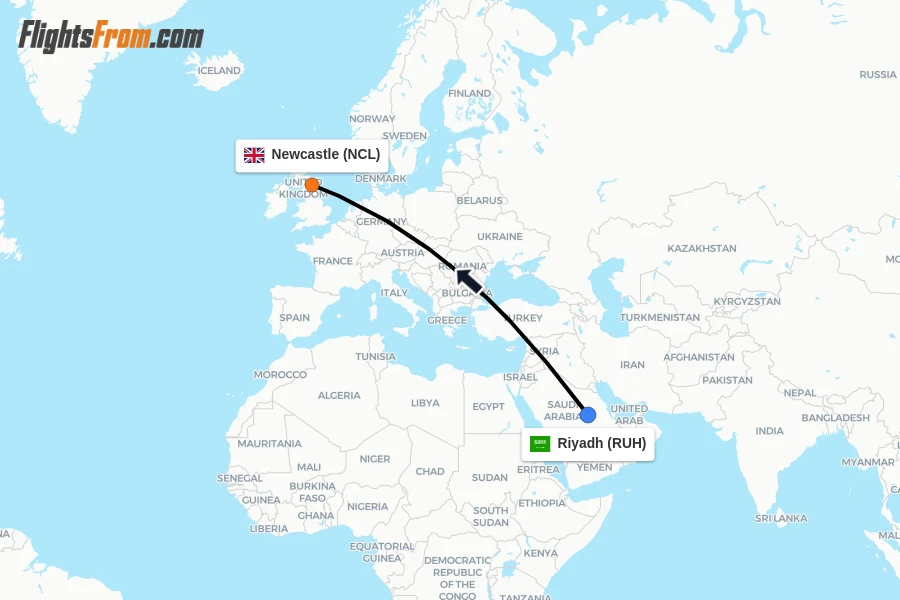 Flights from Riyadh to Newcastle route map