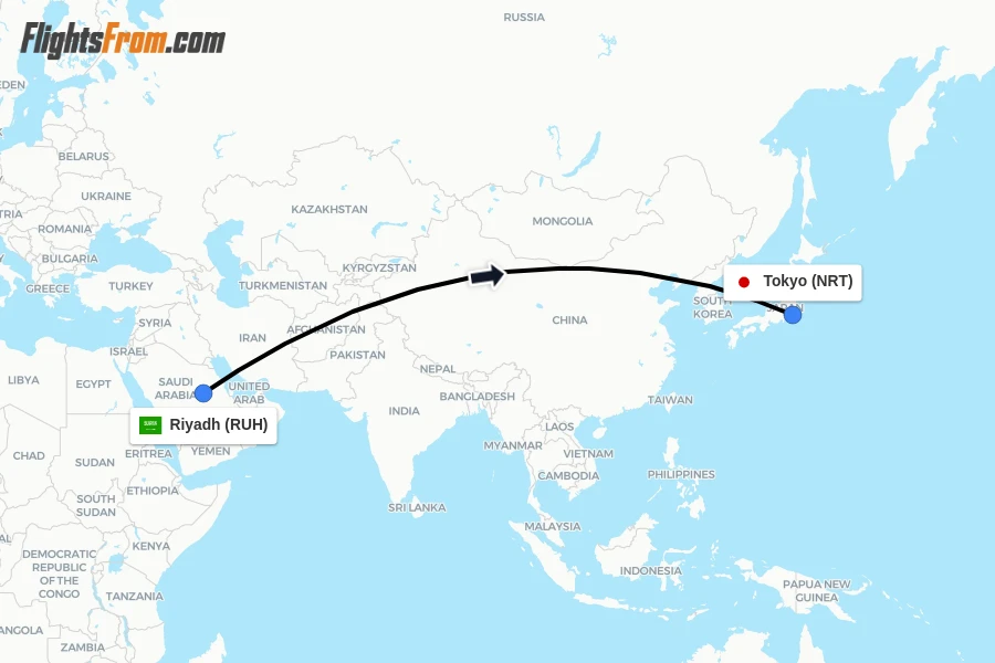 Flights from Riyadh to Tokyo route map