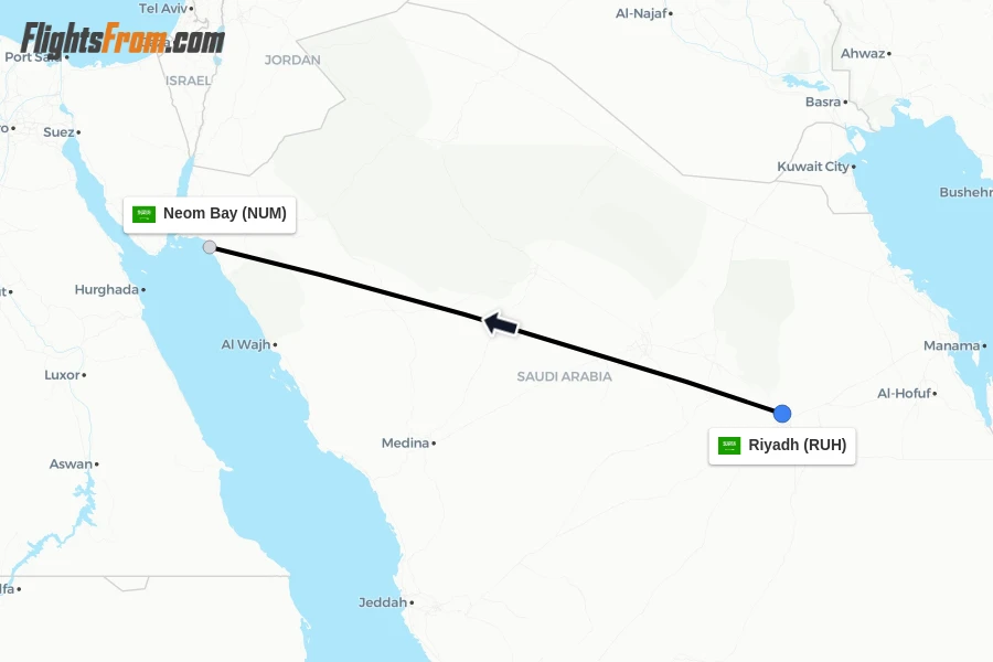 Flights from Riyadh to Neom Bay route map