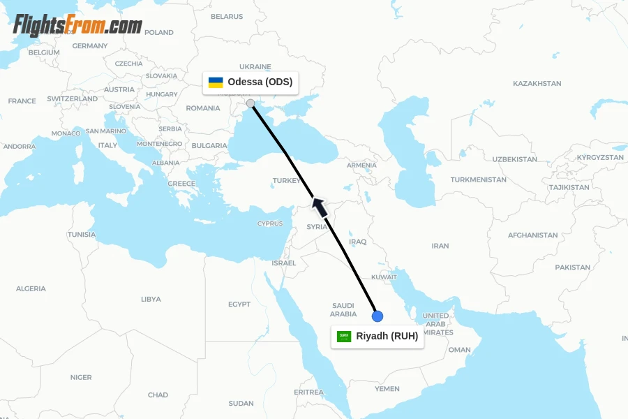 Flights from Riyadh to Odessa route map