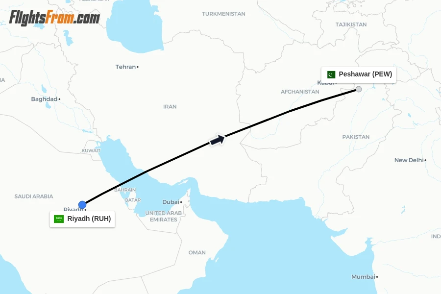 Flights from Riyadh to Peshawar route map