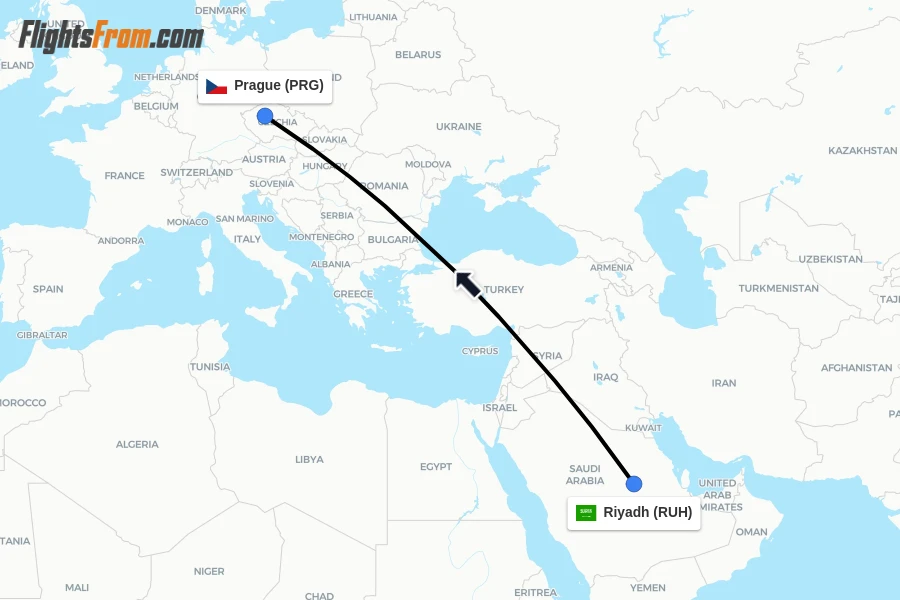 Flights from Riyadh to Prague route map