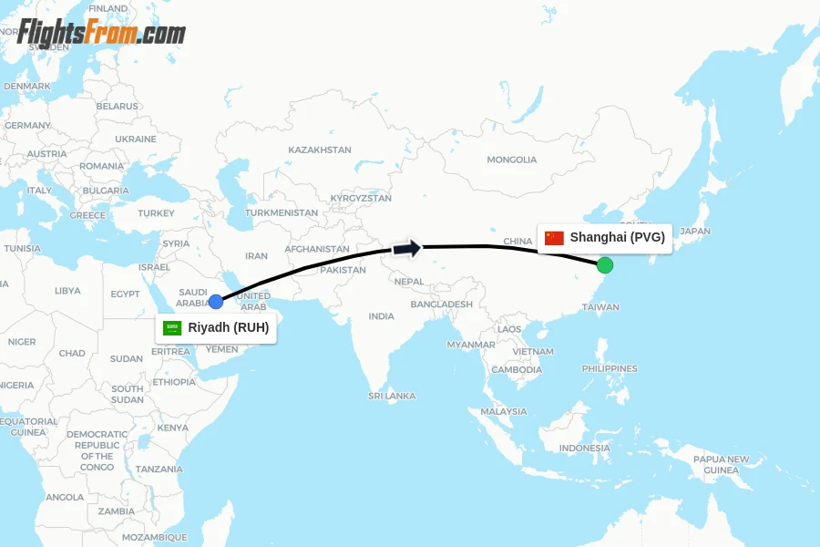 Flights from Riyadh to Shanghai route map