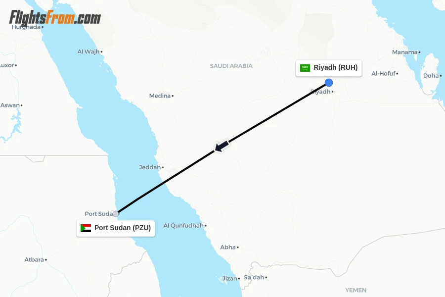 Flights from Riyadh to Port Sudan route map