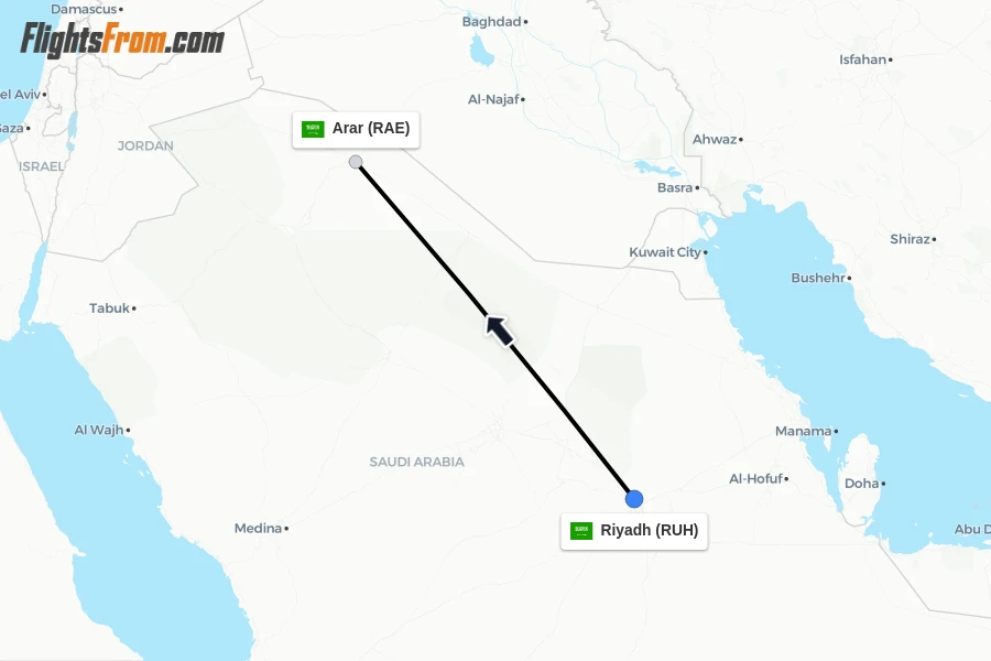 Flights from Riyadh to Arar route map