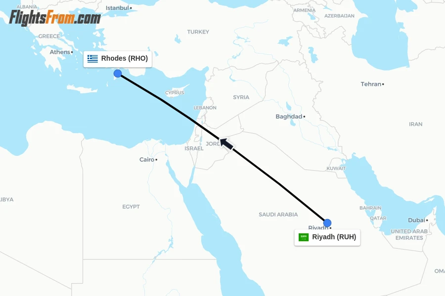 Flights from Riyadh to Rhodes route map