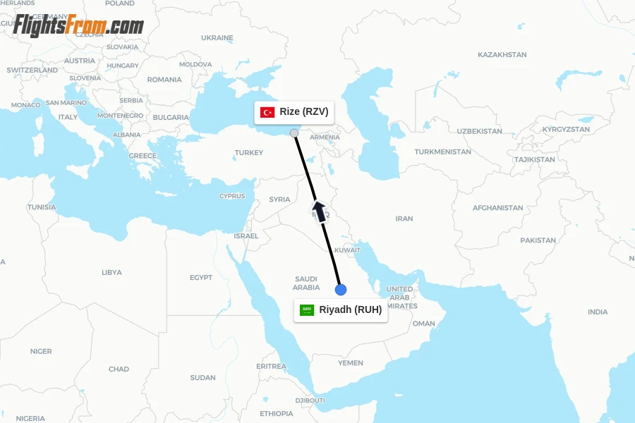 Flights from Riyadh to Rize route map